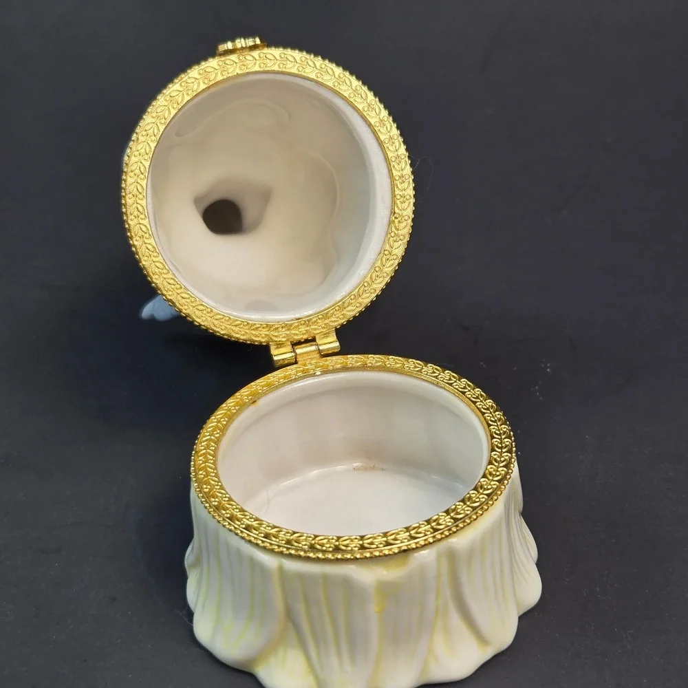 Vintage Porcelain Fairy Hinged Trinket Box Pastel Angel Figurine Gold Tone Clasp